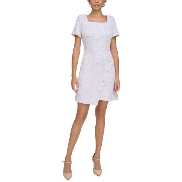 Calvin Klein Dress Purple Tweed Faux Wrap Button Short Sleeve NWT - Picture 1 of 14